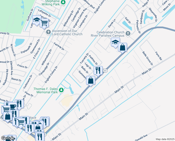 map of restaurants, bars, coffee shops, grocery stores, and more near 18 Bello Street in LaPlace