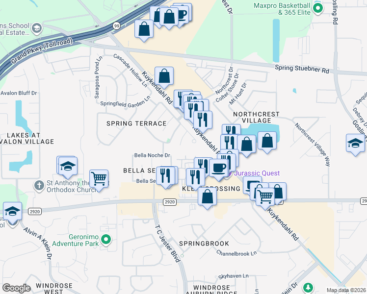 map of restaurants, bars, coffee shops, grocery stores, and more near 6715 Castle Terrace Court in Spring