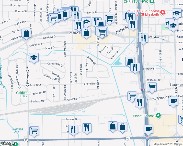 map of restaurants, bars, coffee shops, grocery stores, and more near 3935 Lola Ln in Beaumont