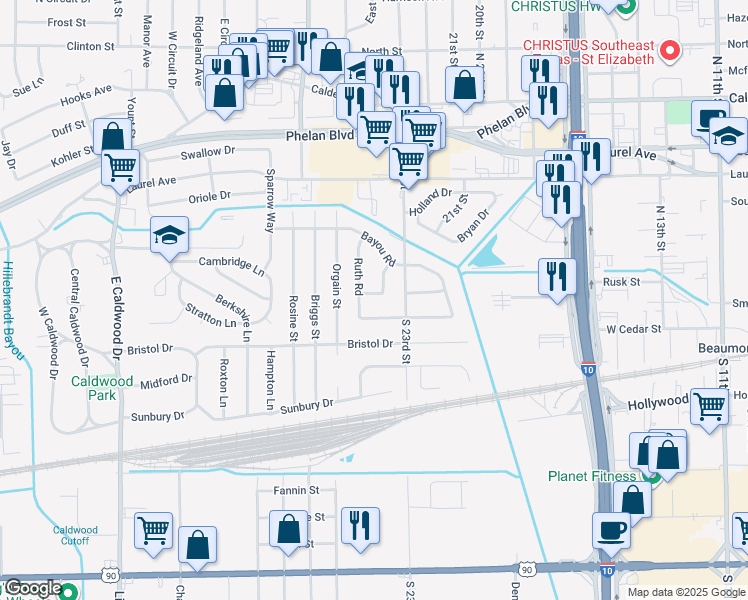map of restaurants, bars, coffee shops, grocery stores, and more near 3935 Lola Lane in Beaumont