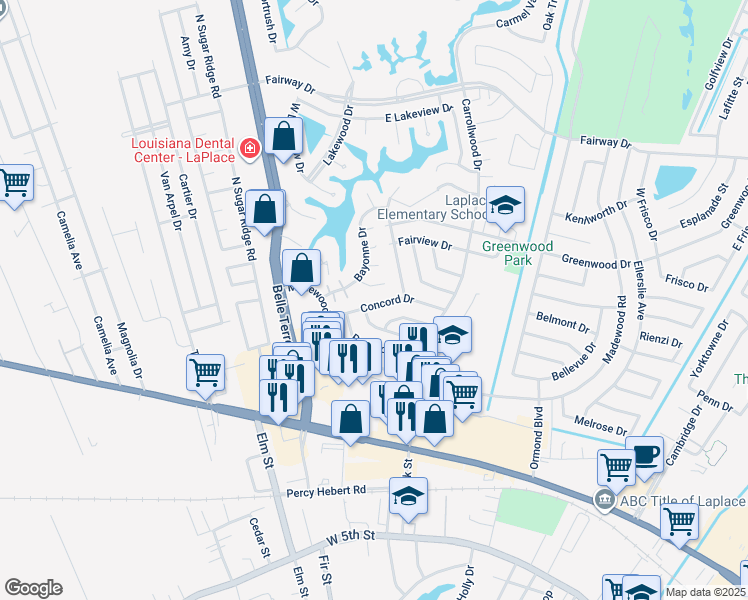 map of restaurants, bars, coffee shops, grocery stores, and more near 237 Concord Drive in LaPlace