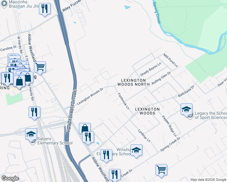 map of restaurants, bars, coffee shops, grocery stores, and more near 2122 Lexington Boulevard in Spring