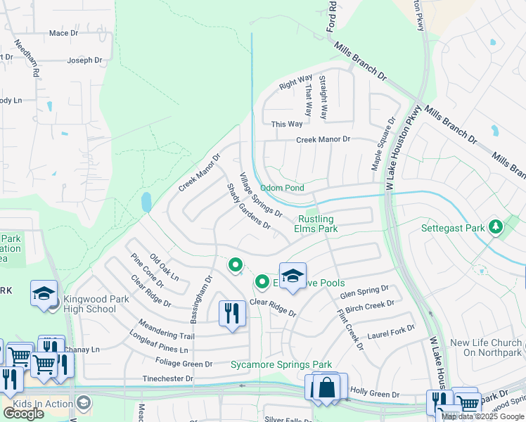map of restaurants, bars, coffee shops, grocery stores, and more near 5207 Village Springs Drive in Humble