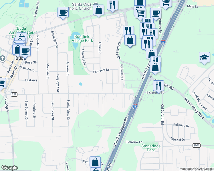 map of restaurants, bars, coffee shops, grocery stores, and more near 710 Winborne Way in Buda