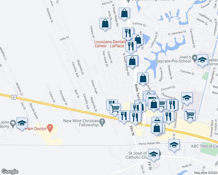 map of restaurants, bars, coffee shops, grocery stores, and more near 1408 Tiffany Drive in LaPlace