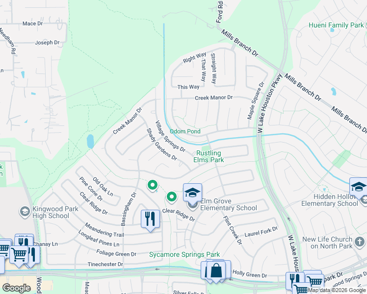 map of restaurants, bars, coffee shops, grocery stores, and more near 5123 Village Springs Drive in Houston