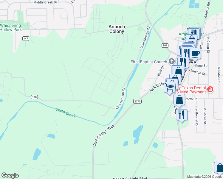 map of restaurants, bars, coffee shops, grocery stores, and more near 376-498 Cole Springs Road in Buda