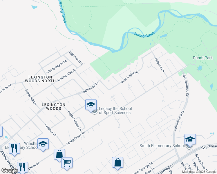 map of restaurants, bars, coffee shops, grocery stores, and more near 25306 Mill Pond Lane in Spring