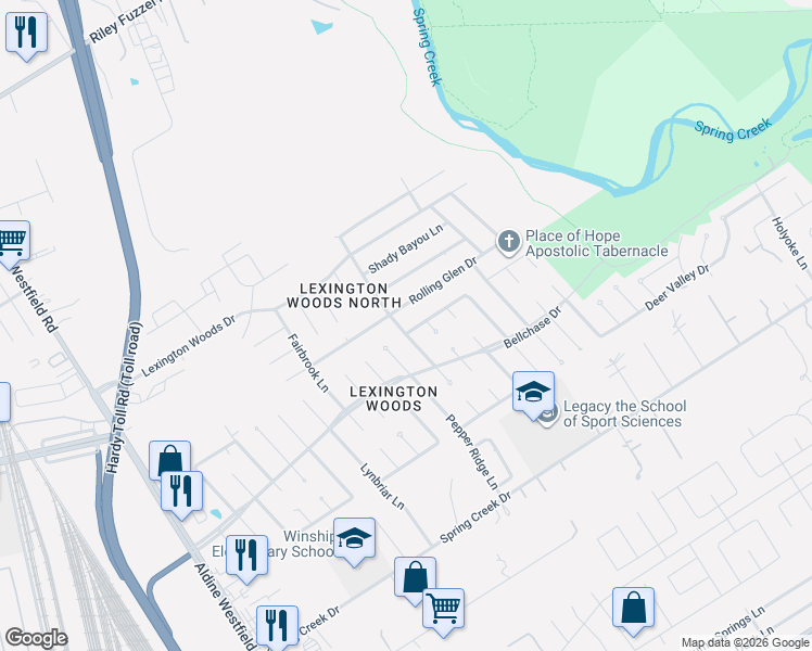 map of restaurants, bars, coffee shops, grocery stores, and more near 2415 Whispering Springs Drive in Spring