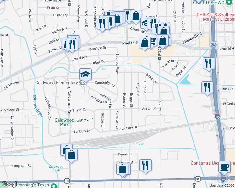 map of restaurants, bars, coffee shops, grocery stores, and more near 203 Stratton Lane in Beaumont