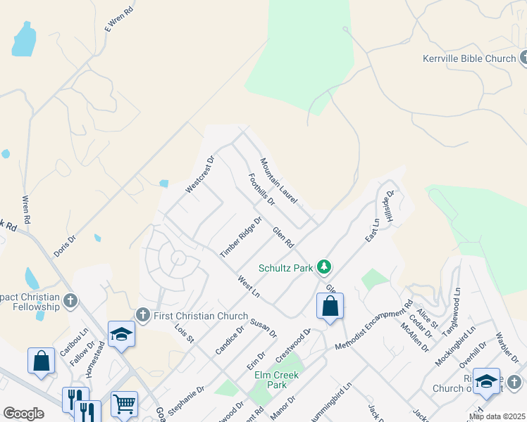 map of restaurants, bars, coffee shops, grocery stores, and more near 1721 Foothills Drive in Kerrville