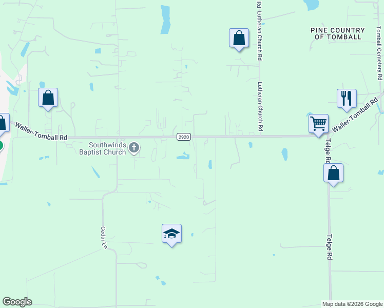 map of restaurants, bars, coffee shops, grocery stores, and more near 21703 Parker Road in Tomball
