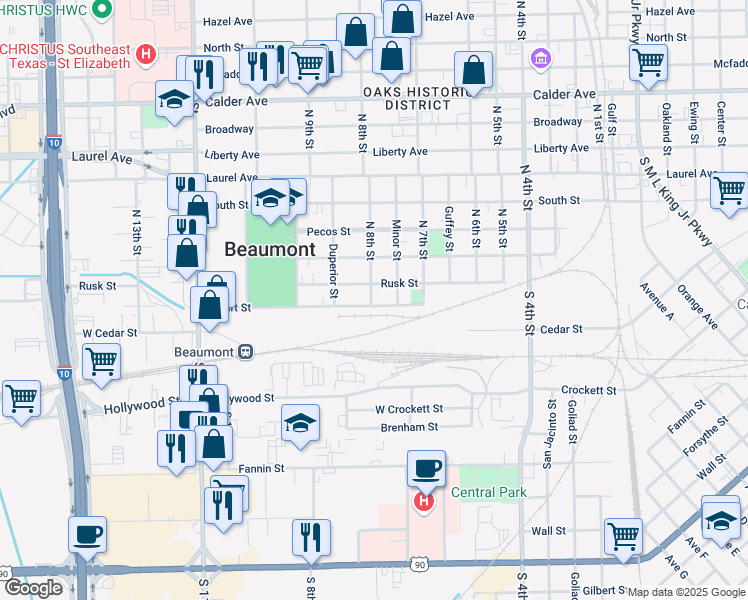 map of restaurants, bars, coffee shops, grocery stores, and more near 2390 Smart Street in Beaumont