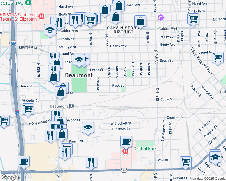 map of restaurants, bars, coffee shops, grocery stores, and more near 2390 Smart Street in Beaumont