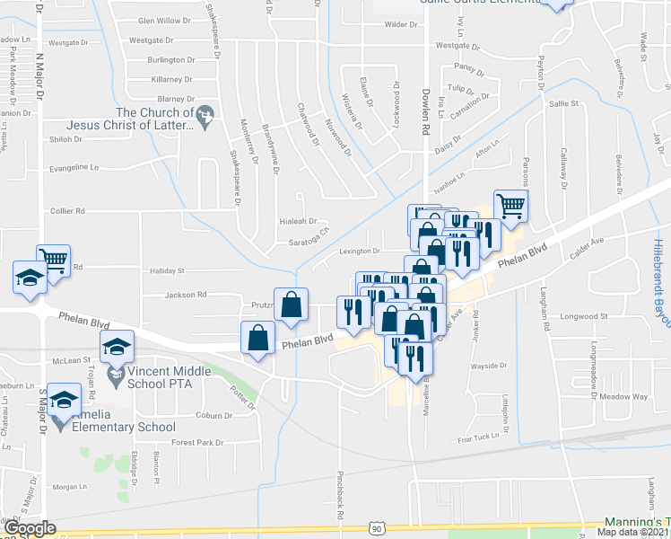 map of restaurants, bars, coffee shops, grocery stores, and more near 6715 Lexington Court in Beaumont