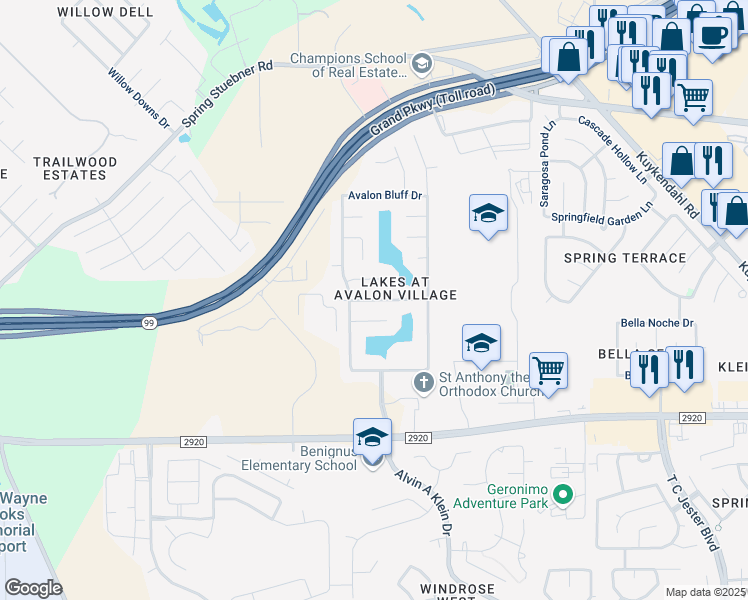 map of restaurants, bars, coffee shops, grocery stores, and more near 7215 Avalon Aqua Drive in Spring