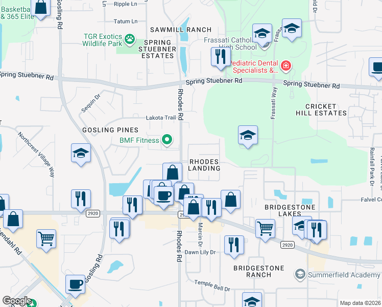 map of restaurants, bars, coffee shops, grocery stores, and more near 21614 Astipalia Drive in Spring