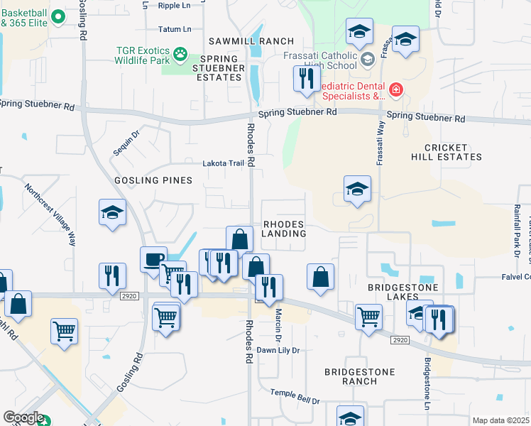 map of restaurants, bars, coffee shops, grocery stores, and more near 21614 Astipalia Drive in Spring