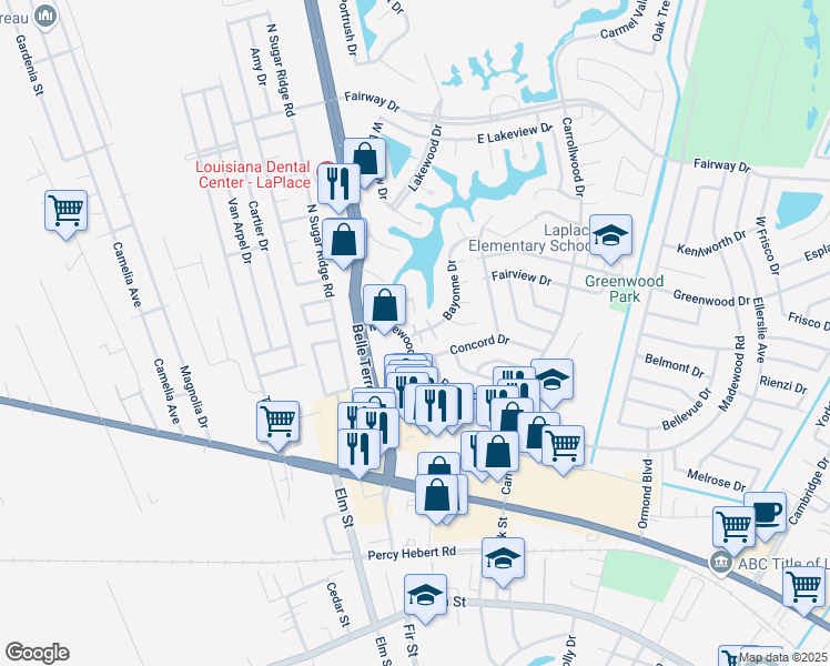 map of restaurants, bars, coffee shops, grocery stores, and more near 110 Bourg Street in LaPlace