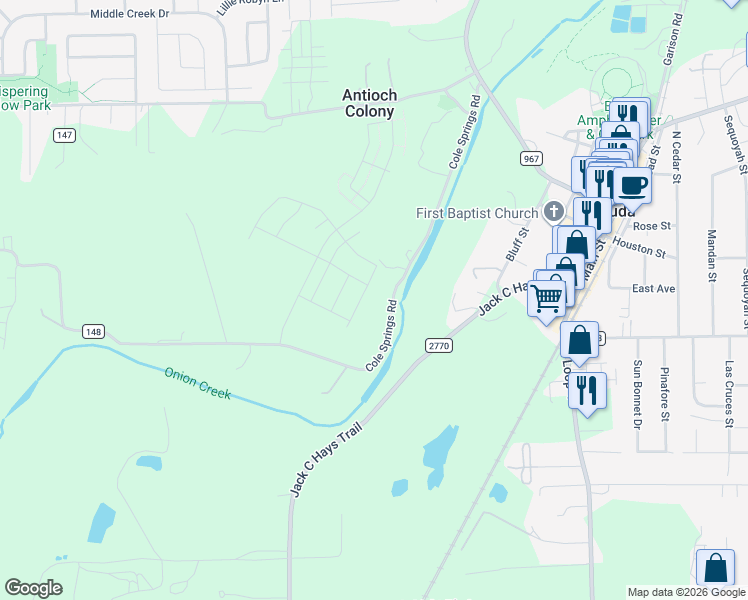 map of restaurants, bars, coffee shops, grocery stores, and more near 376 Cole Springs Road in Buda