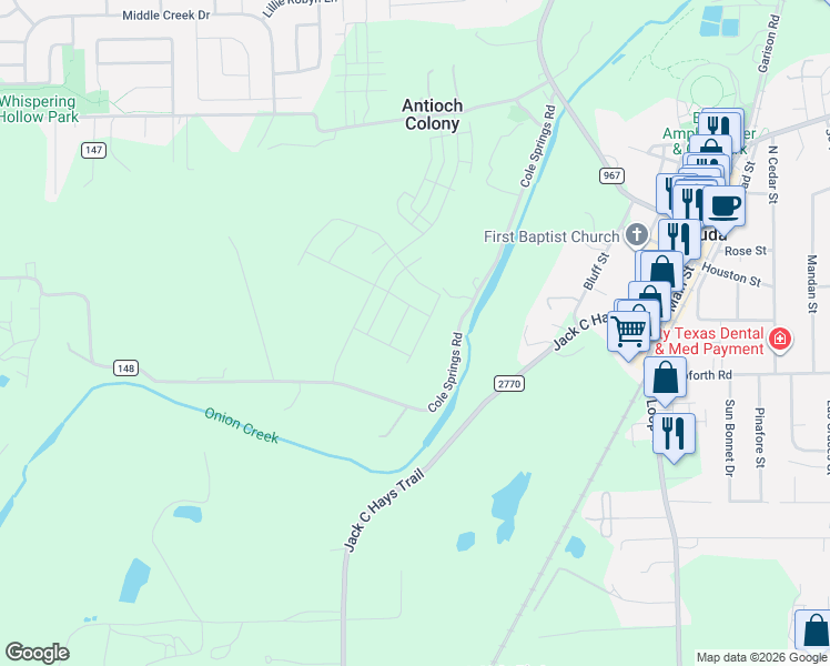 map of restaurants, bars, coffee shops, grocery stores, and more near 376-498 Cole Springs Road in Buda
