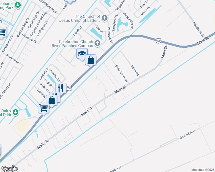 map of restaurants, bars, coffee shops, grocery stores, and more near 301 Union Court in LaPlace