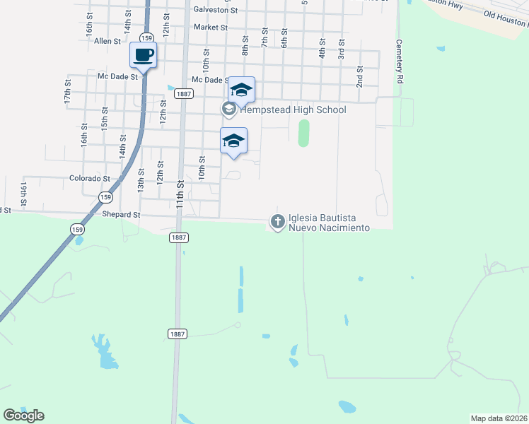map of restaurants, bars, coffee shops, grocery stores, and more near 545 Shepherd Street in Hempstead