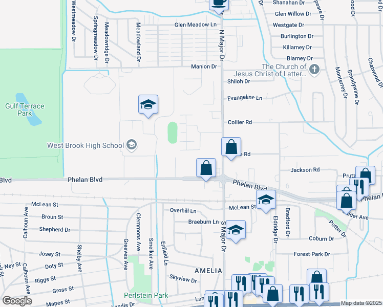 map of restaurants, bars, coffee shops, grocery stores, and more near 8483 Oak Brook Dr in Beaumont
