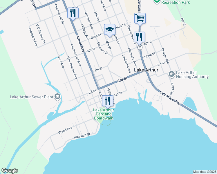 map of restaurants, bars, coffee shops, grocery stores, and more near 500-548 3rd St in Lake Arthur