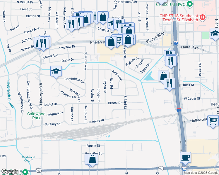 map of restaurants, bars, coffee shops, grocery stores, and more near 161 Orgain Street in Beaumont