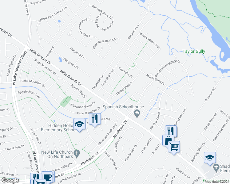map of restaurants, bars, coffee shops, grocery stores, and more near 3211 Pine Alcove Court in Houston