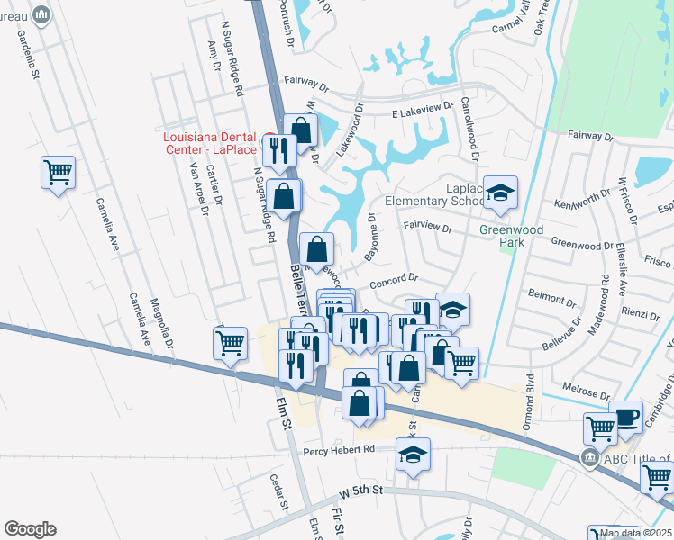 map of restaurants, bars, coffee shops, grocery stores, and more near 110 Bourg Street in LaPlace