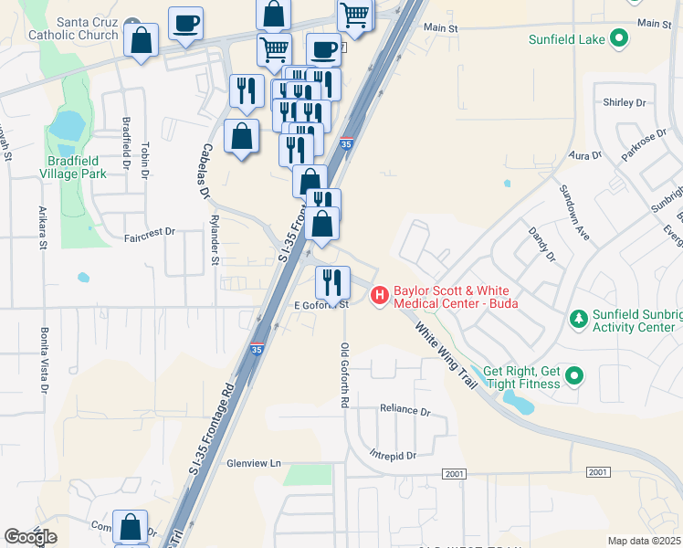 map of restaurants, bars, coffee shops, grocery stores, and more near 5082 Royston Road in Buda