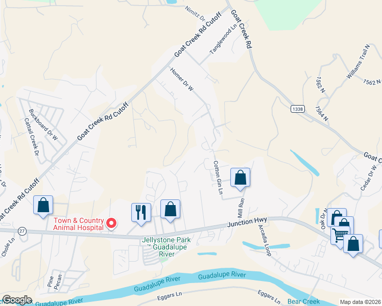 map of restaurants, bars, coffee shops, grocery stores, and more near 512 Cotton Gin Lane in Kerrville