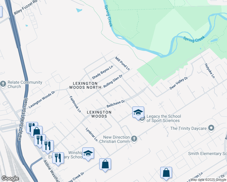 map of restaurants, bars, coffee shops, grocery stores, and more near 25535 Thistlewaite Lane in Spring