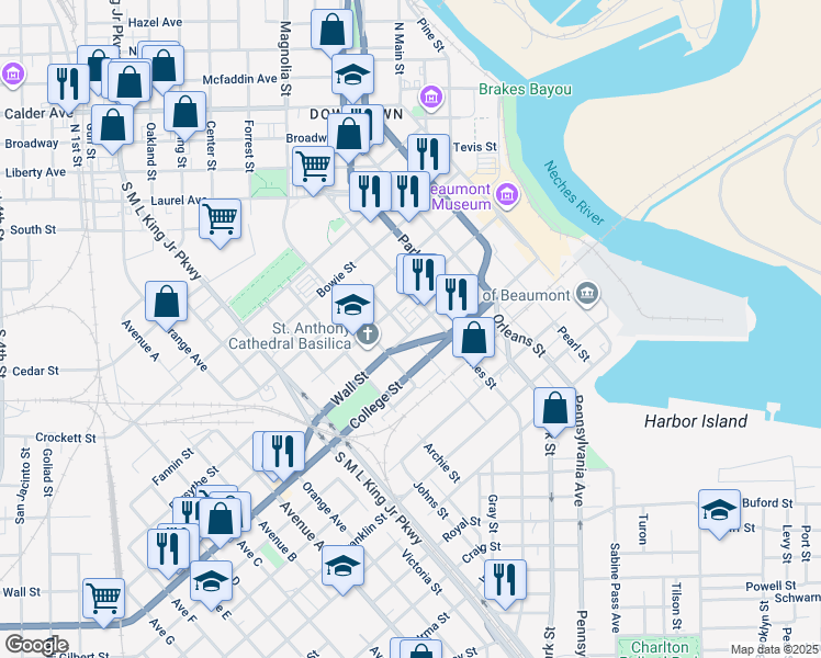 map of restaurants, bars, coffee shops, grocery stores, and more near 735 Wall Street in Beaumont