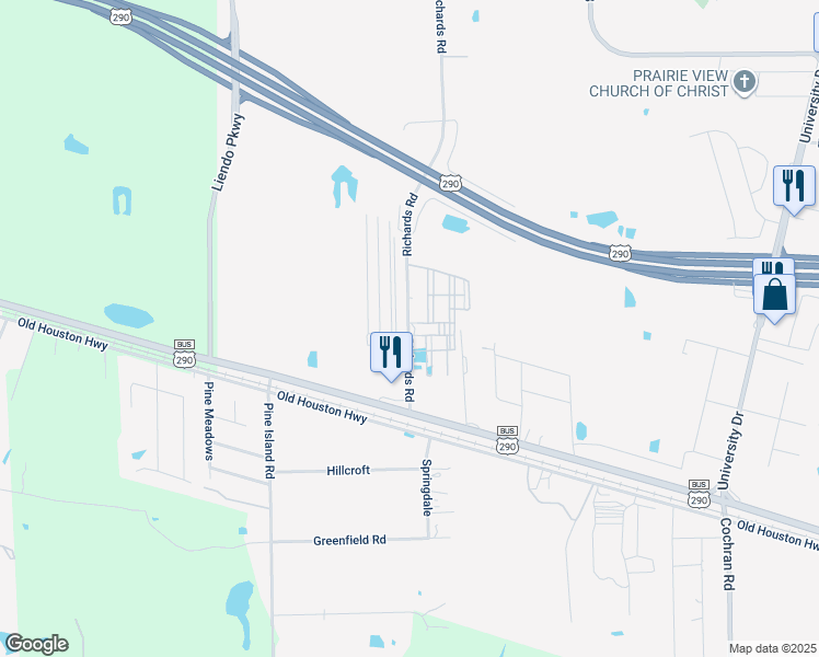 map of restaurants, bars, coffee shops, grocery stores, and more near 23104 Richards Road in Prairie View