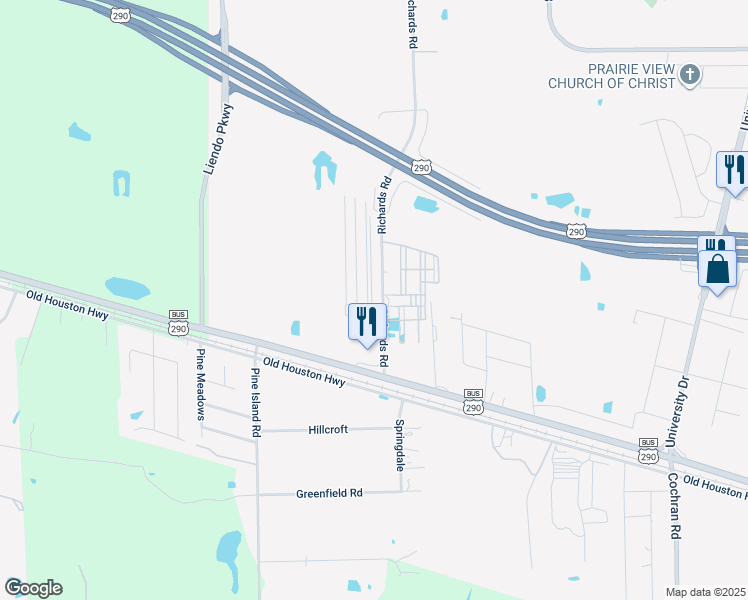 map of restaurants, bars, coffee shops, grocery stores, and more near 45655 Chapman Lane in Prairie View