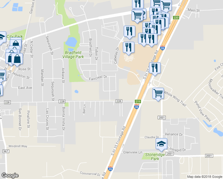 map of restaurants, bars, coffee shops, grocery stores, and more near 142 Ashford Park Boulevard in Buda