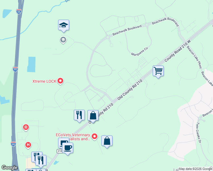 map of restaurants, bars, coffee shops, grocery stores, and more near 754 County Road 210 in Saint Johns
