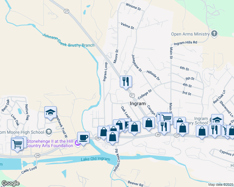 map of restaurants, bars, coffee shops, grocery stores, and more near 510 College Street in Ingram