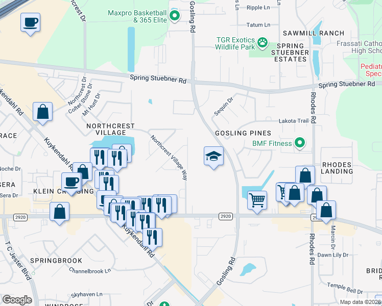 map of restaurants, bars, coffee shops, grocery stores, and more near 21522 Hales Hunt Court in Spring