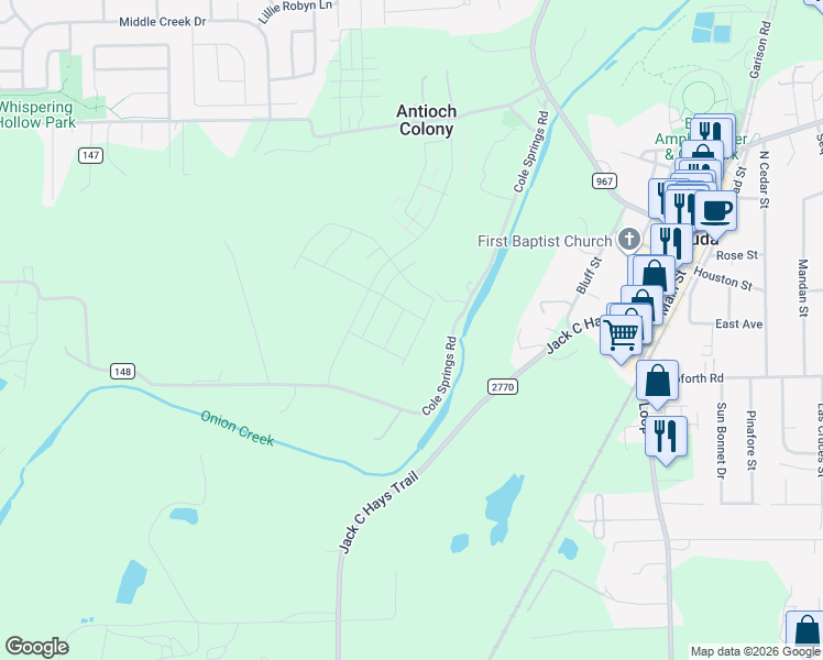 map of restaurants, bars, coffee shops, grocery stores, and more near 376-498 Cole Springs Road in Buda