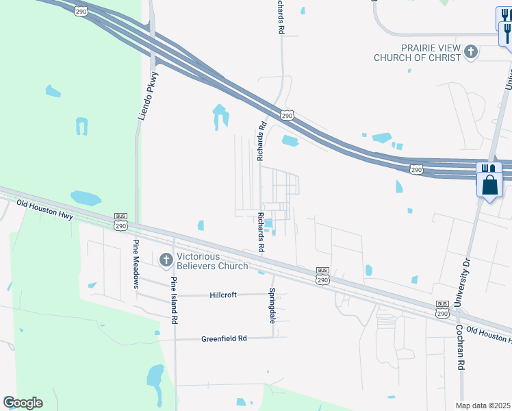 map of restaurants, bars, coffee shops, grocery stores, and more near 23171 Richards Road in Prairie View