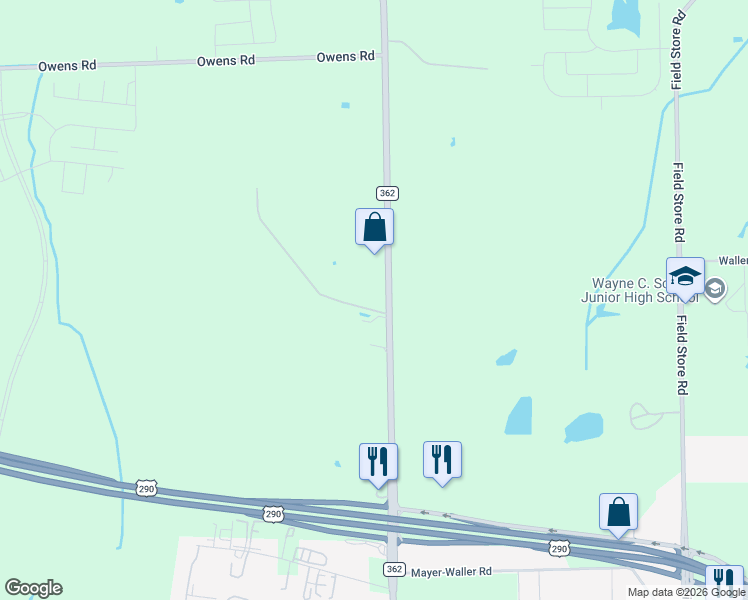 map of restaurants, bars, coffee shops, grocery stores, and more near 21103 Farm to Market 362 in Waller