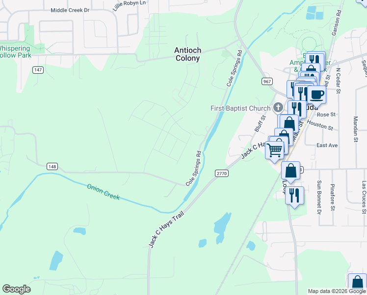 map of restaurants, bars, coffee shops, grocery stores, and more near 376-498 Cole Springs Road in Buda