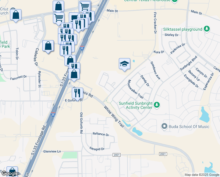 map of restaurants, bars, coffee shops, grocery stores, and more near 1165 Fire Cracker Drive in Buda