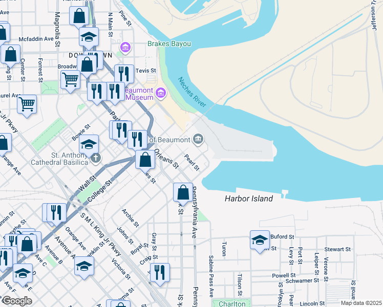 map of restaurants, bars, coffee shops, grocery stores, and more near 1149 Pearl Street in Beaumont