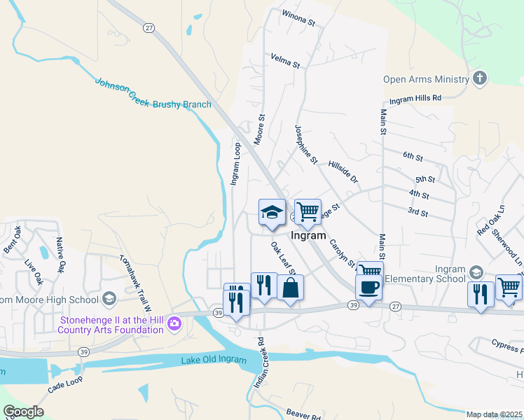 map of restaurants, bars, coffee shops, grocery stores, and more near 510 College Street in Ingram