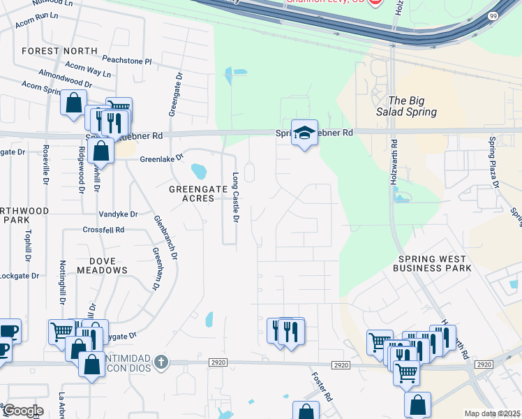 map of restaurants, bars, coffee shops, grocery stores, and more near 2514 Crossfell Road in Spring